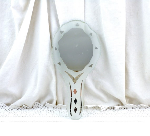 French Vintage Mid Century Vanity Hand Mirror with Abstract Frosted Pattern, Retro 1960s Bedroom Unique Dressing Table Accessory from France