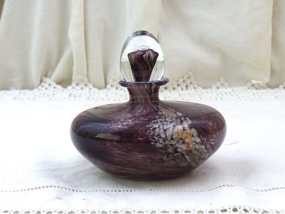Vintage French Perfume Bottle with Stopper Hand Blown Swirled Purple Glass with Gold Flecks Squat Shaped Signed, Small Artisan Vanity Item