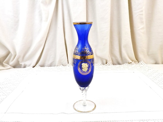 Vintage Mid Century Blue and Clear Glass Footed Flower Vase with White Cameo and Gold Pattern, Retro 1970s / 1960s Home Decor