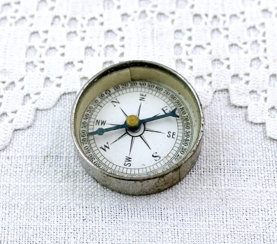 Antique Round Compass with Small Mirror on one Side, Vintage Dry Magnetic Portable Compass from France, Victorian Camping Hiking Accessory