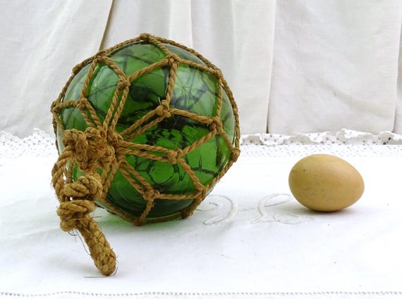 Large Vintage Green Glass Fishing Net Float with Knotted Cord Surround, Retro Fishing Seaside Themed Decor from France, Old Style Marine