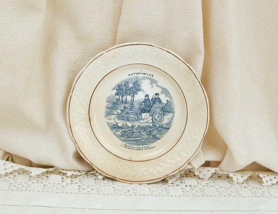 Rare Antique French Humorous Plate with an Early Automobile, Comical Wall Hanging Plate with 1900s Car from France, Shabby Country Decor