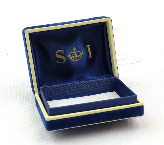 Small Vintage French Rectangular Blue Velveteen Presentation Jewelry Box Royal Blue Satin and Card Lining with S I and Crown Printed Inside