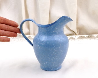 French Antique Small Porcelain Enamel Toy Pitcher in Blue White Splaterware in Excellent Condition, Vintage Enameled Metal Jug from France