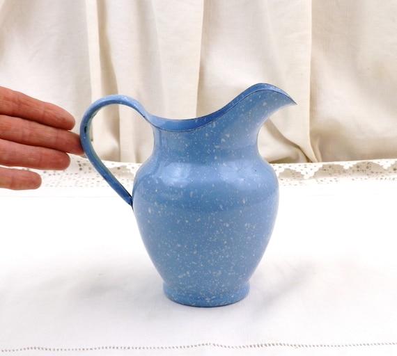 French Antique Small Porcelain Enamel Toy Pitcher in Blue White Splaterware in Excellent Condition, Vintage Enameled Metal Jug from France