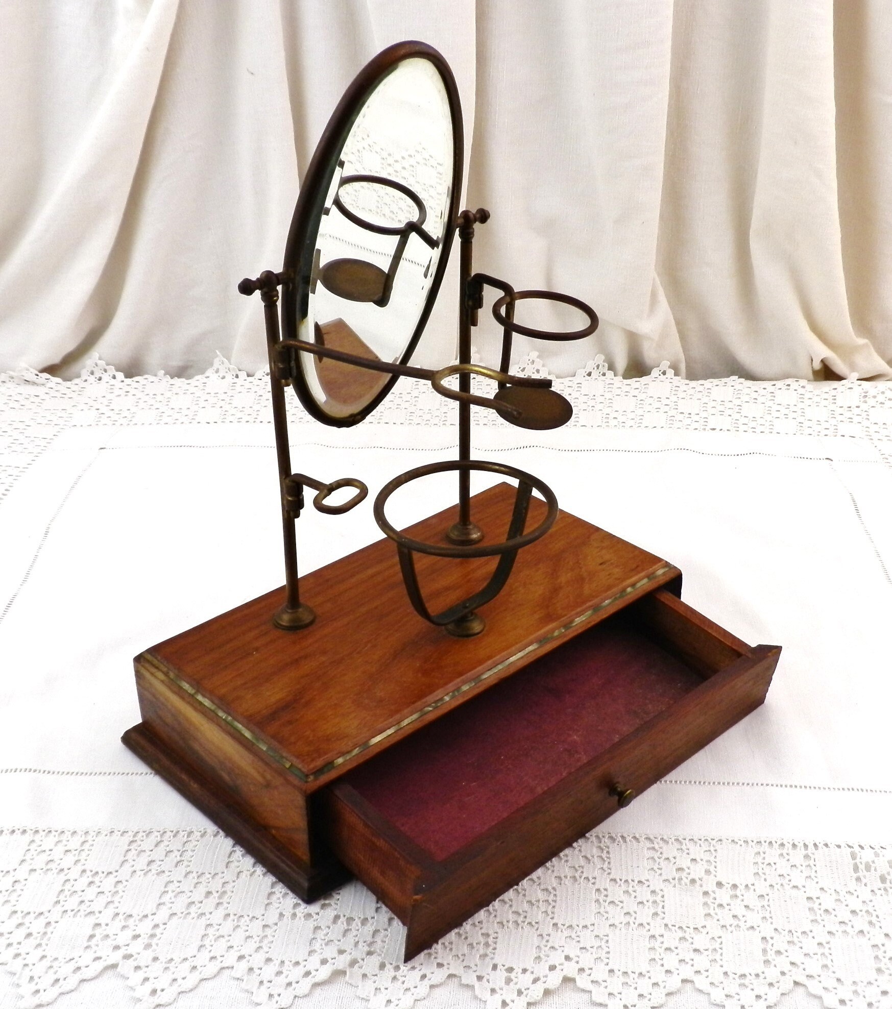 French Antique Shaving Stand With Movable Brass Parts Beveled Mirror and Small Draw, Retro