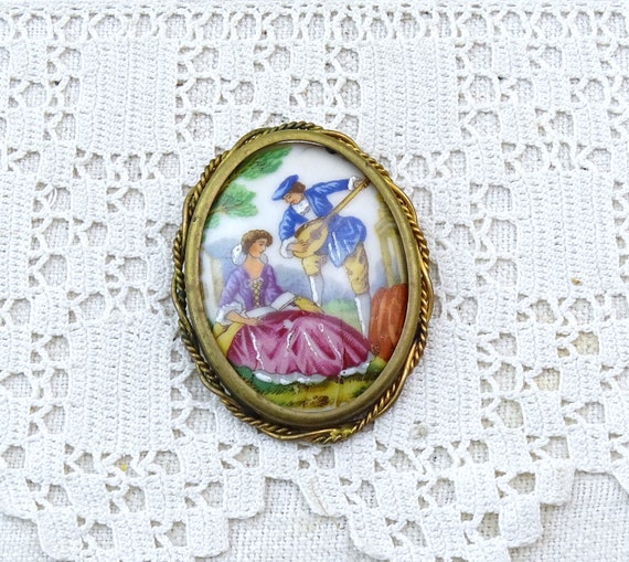 Vintage French Oval Shaped Limoges Porcelain China Brooch with Gold Plated Mount and Romantic Scene Courting Couple, Retro Pin Badge France