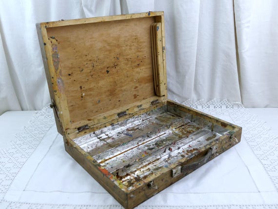 Vintage French Wooden Artist's Paint Box, Vintage Splattered Oil Painted Painting Painters Box Made of Wood, Old Style Painters Accessory