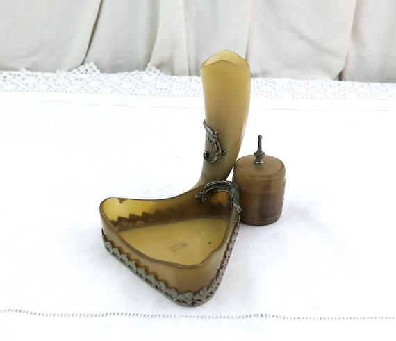 Antique Horn and Silver Plated Desk Tidy with Inkwell / Condiment Set, Retro Victorian Curio Natural Ornamental  Small Tray Clover Leaves