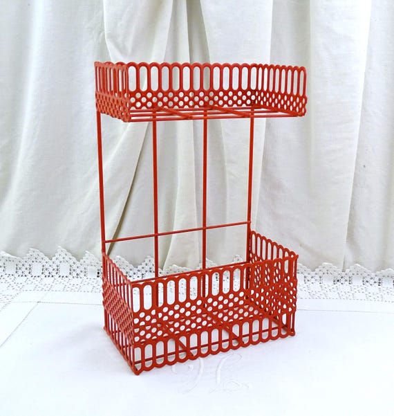 Vintage 80s Red Metal Wall Mounted Bathroom Shelf, Retro Small Kitchen Organization Storage Shelving, 80s Furniture Accessory
