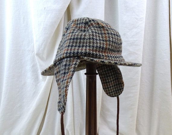 Vintage Tartan Weave Deerstalker Woolen Hat Size 57, Retro Sherlock Holmes Head Gear, Old style Hunter Accessory made Wool, Country Design