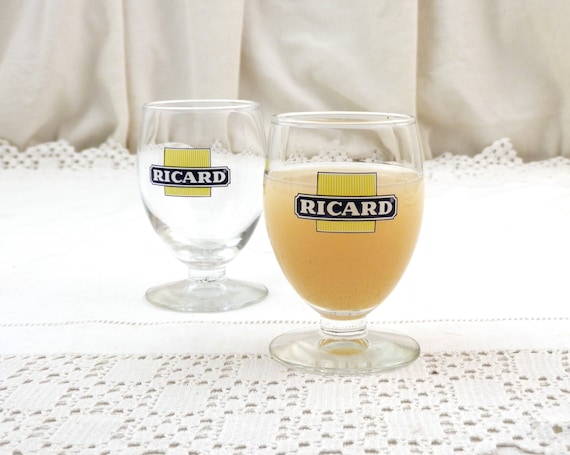 2 Small French Vintage Ricard Drinks Short Stemmed Glasses, Pair Retro Pernod Aperitif Drinks Accessory from France, Parisian Flea Market