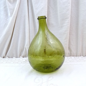 Small Vintage French Green Glass Demijohn Carboy 3 L 0.79 Gallon, Rustic Rural Country Farmhouse Decor, Round Demi John Bottle from France