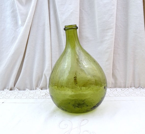 Small Vintage French Green Glass Demijohn Carboy 3 L 0.79 Gallon, Rustic Rural Country Farmhouse Decor, Round Demi John Bottle from France