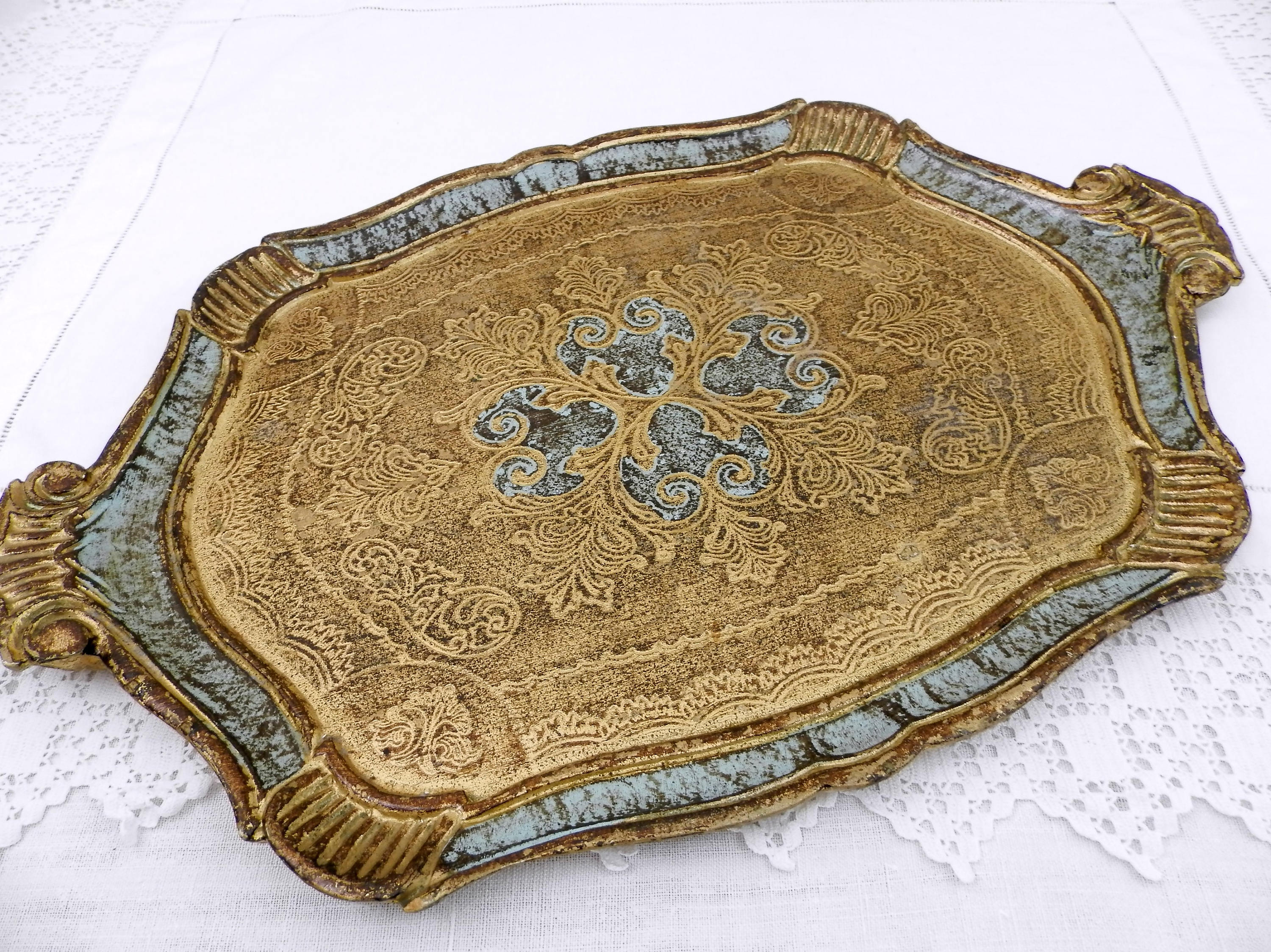 Vintage Florentine Style Serving Tray, Italian Gold and Sky Blue Gilt ...