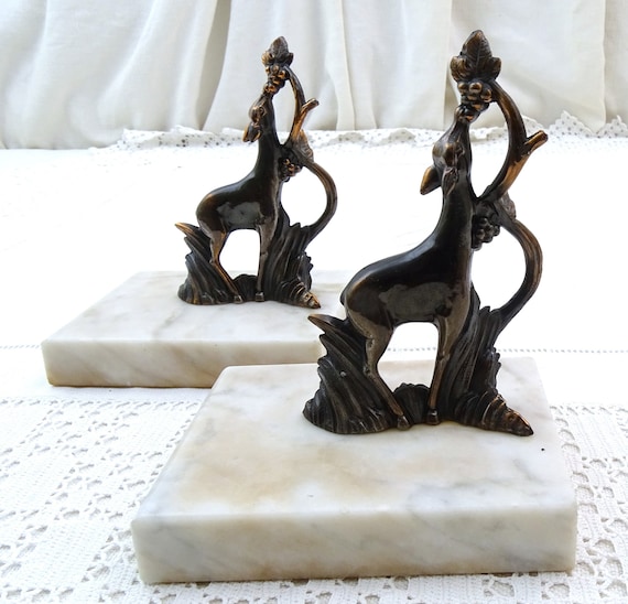 Vintage French Art Deco Bookends with Metal Deer Eating Grapes on White Marble Base, Retro 1930 Office Library Book Accessory from France
