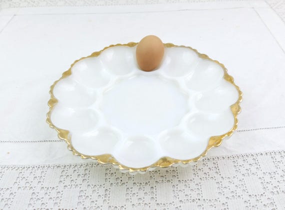 Vintage 1950s  White Milk Glass Deviled Egg Platter with Gold Trim, Retro Opaline Oyster Plate, Old Style Dinner Party, Dinnerware Center