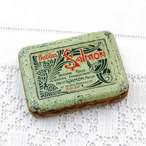 Antique Lithographed Green Metal Tin with Art Nouveau Graphics for Pastilles Salamon Cough Sweets, Vintage French Apothecary Collectible