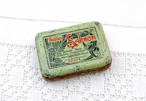 Antique Lithographed Green Metal Tin with Art Nouveau Graphics for Pastilles Salamon Cough Sweets, Vintage French Apothecary Collectible