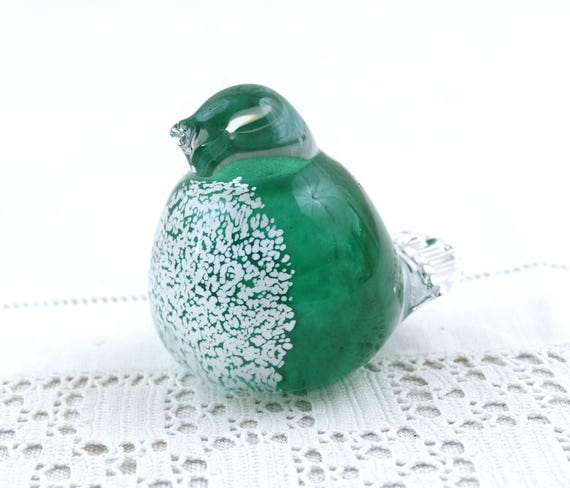 Small Vintage Art Glass Handmade Cute Green and White Bird Figurine, Retro Lampwork Bird Glassware Ornament, Little Murano Style Animal
