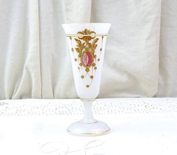Antique French 19th Century Hand Painted White Opaline Footed Champagne Glass, Vintage Collectible 1800s Milk Glass Vase from France