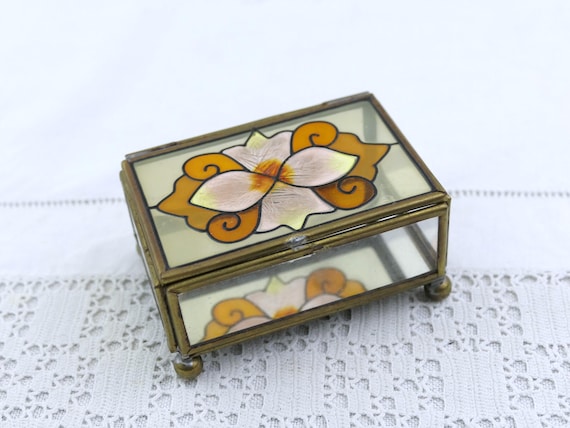 Small Vintage Glass Box with 4 Bun Feet and Stained Glass Style Pattern on the Lid, Little Retro Jewelry Trinket Container