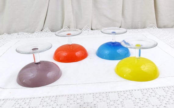 Set of 4 Vintage French Colored Opaline Glass Footed Ice Cream Dishes, Retro Dessert Sundae Bowl France, Handmade Glassware 60s Dinner Party