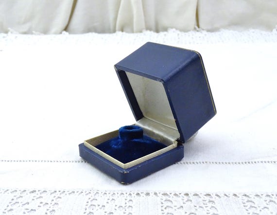 Vintage French Blue Square Leather Covered Ring Box White Velvet Satin Lining, Retro Jewelry Presentation Case, Engagement Wedding Proposal