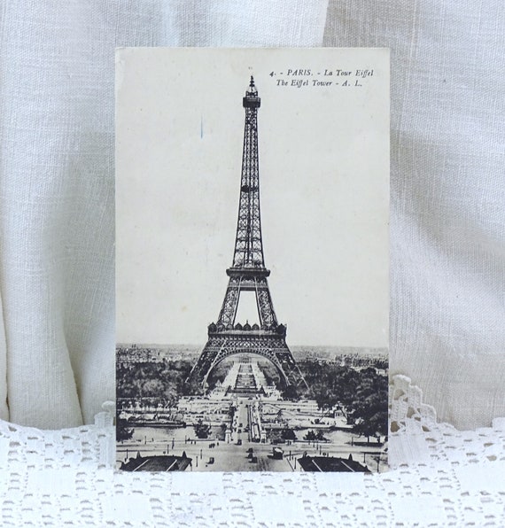 French Antique Black and White Postcard of the Eiffel Tower in Paris with the River Seine, Vintage Vacation Souvenir France