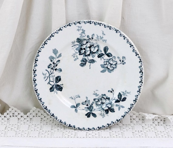 French Antique Blue and White Plate with Wild Flower Pattern St Amand Hamage Acacia, Vintage Floral Transferware Botanical Themed Design