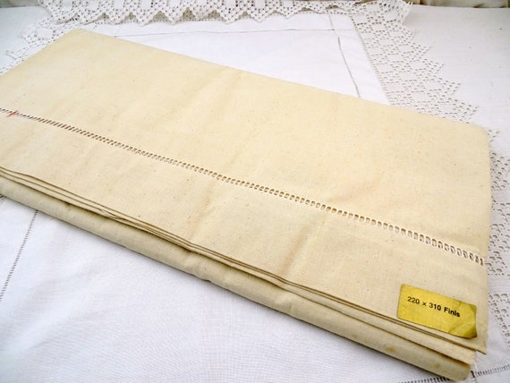 Large French Vintage Unused New Old Stock Metis Linen Cotton Bed Sheet, Retro Country Farmhouse Table Cloth from France, Cottage Dinning