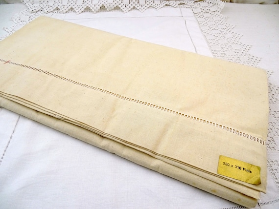 Large French Vintage Unused New Old Stock Metis Linen Cotton Bed Sheet, Retro Country Farmhouse Table Cloth from France, Cottage Dinning