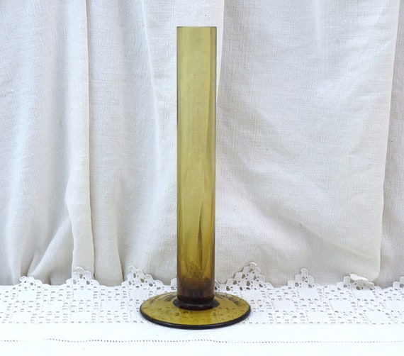 Vintage Long Thin Neck Minimalist Olive Green Glass Footed Vase, Modernist Floral Accessory Glassware, Simple Flower Arranging Bud Vase