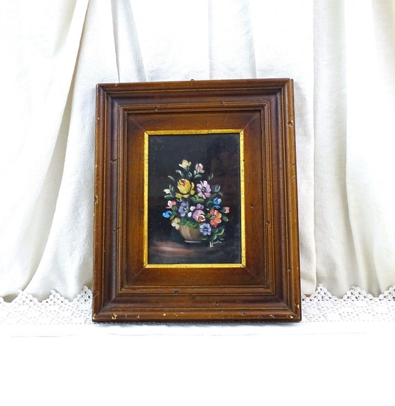 Vintage French Framed Hand Painted Flower Picture, Retro Oil on Board Floral Painting with Wooden Frame from France, Retro  Farmhouse Decor