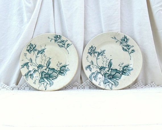 1 Antique French Ironware Style Plates with Large Teal Blue Flower Pattern by FL from the Range Rose de Noel, Vintage Ironstone Wall Plate