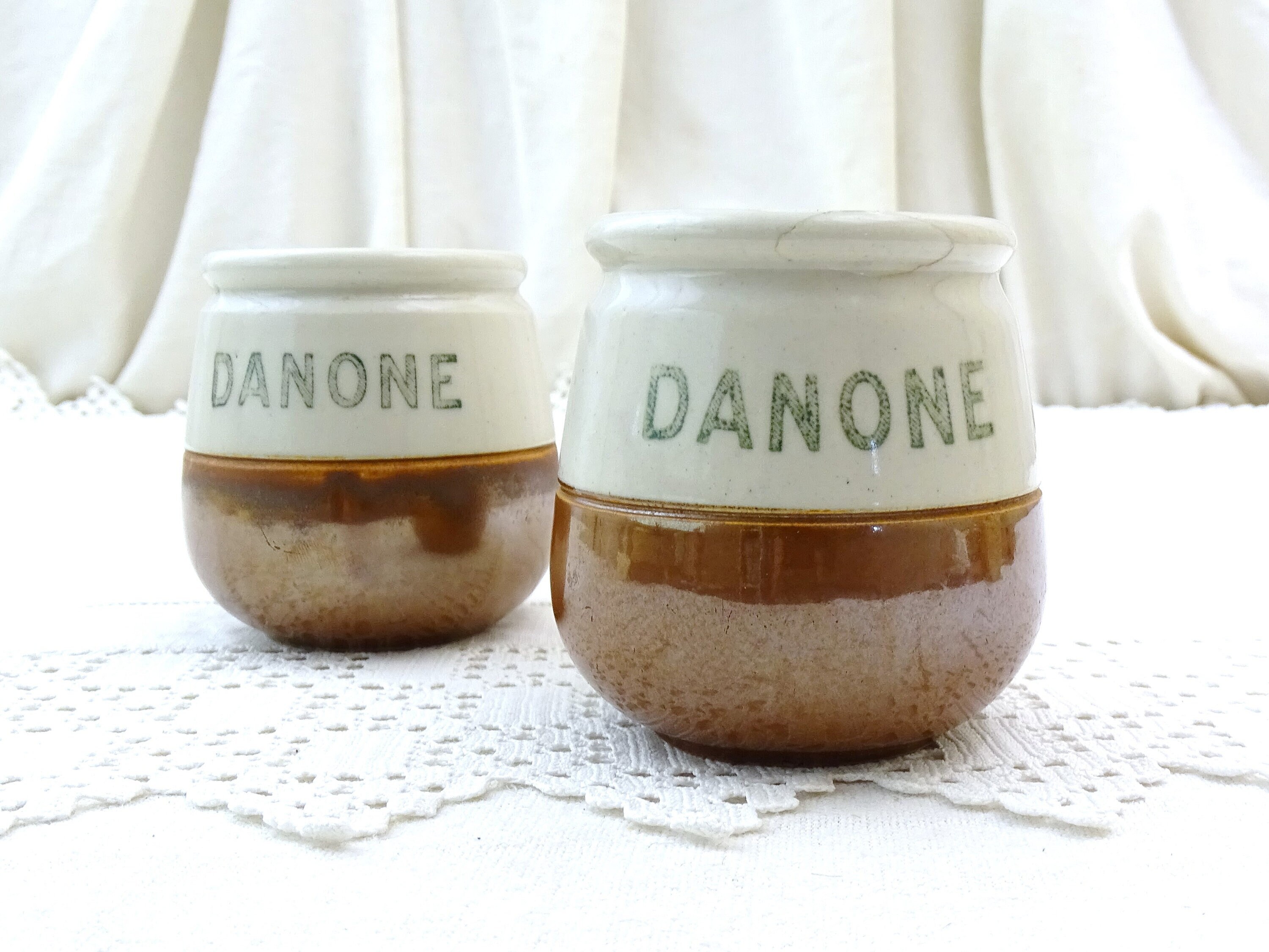 2 Matching Vintage French Danone Yogurt Pottery Pots in Brown and White