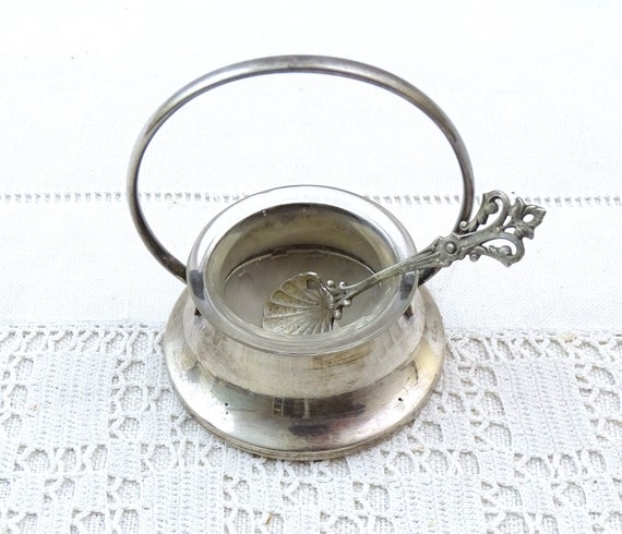 Small Antique French Condiment Serving Bowl with Sterling Silver Spoon, Retro Classy Tableware from France, Vintage Salt Mustard Dish