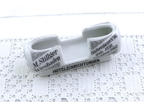 Antique German White Porcelain Villeroy and Boch Promotional Toothpick Holder with Black Lettering, Hotel Restaurant Ceramic Decor Germany