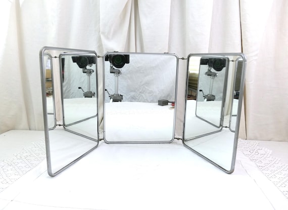 Large Vintage French Folding Triptych Mirror, Vintage Barbers 3 Piece Hanging Looking Glass from France, Retro Shaving Beard Bathroom