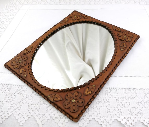 Vintage French 1970s Handmade Artisan Craft Leather Framed Wall Mirror, Retro Natural Boho Country Style Vanity Looking Glass