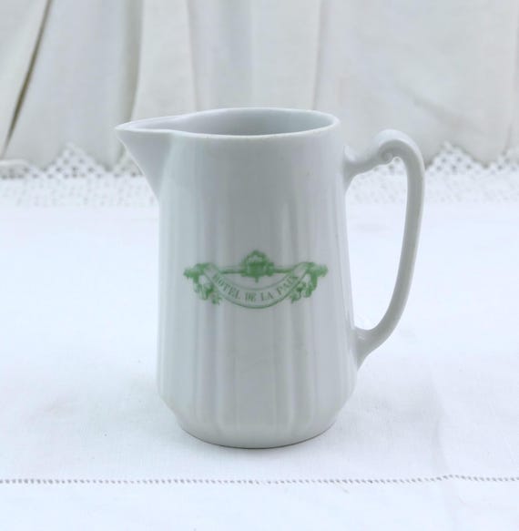 Antique French White Porcelain China Creamer with Logo for Hotel de La Paix, Retro Classical Style Crockery France, Small Pottery Pitcher