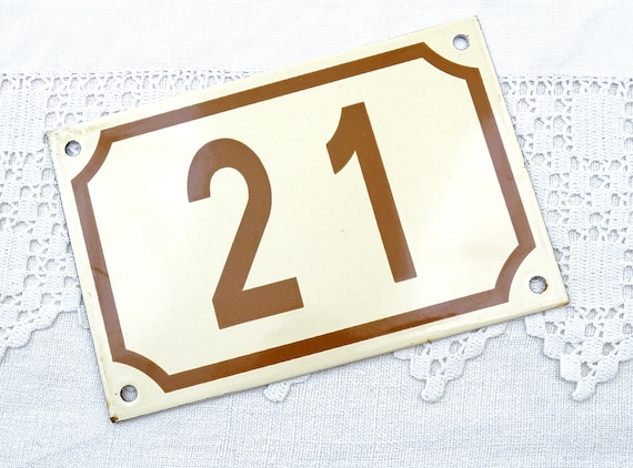 Vintage French Porcelain Enameled Metal House Sign in Beige with Brown Number 21, Traditional Enamelware Street Address from France