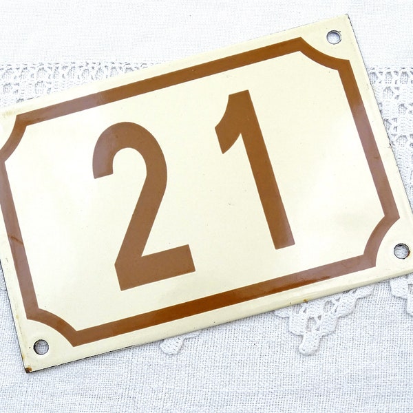 Vintage French Porcelain Enameled Metal House Sign in Beige with Brown Number 21, Traditional Enamelware Street Address from France
