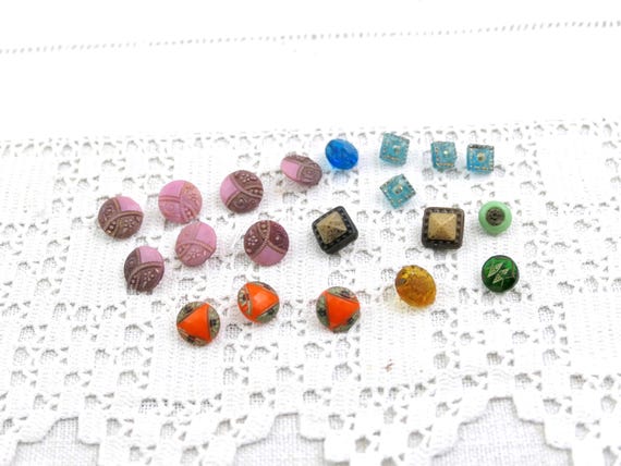 Lot of 20 Antique French Small Colored Glass Buttons with Set of 7 Pink, Little Victorian Dressmakers Craft accessories from France