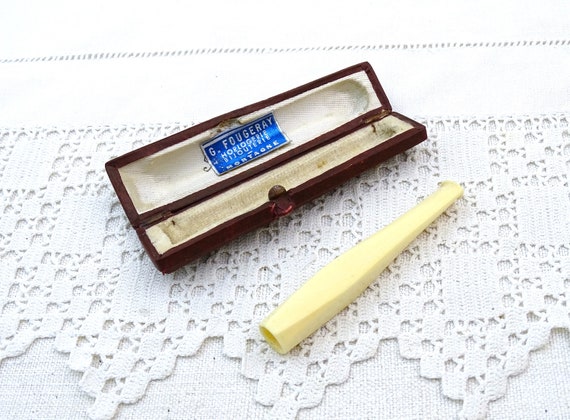 Vintage French Boxed Unused Ivorine Cigarette Holder with Leather Covered Box, Retro Smoking Accessory from France, Elegant Art Deco
