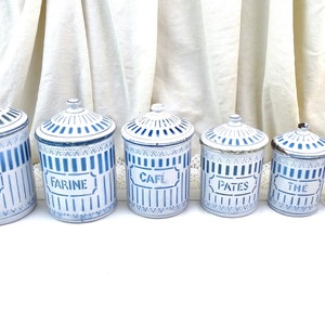 Antique French 6 Piece Enamel Canister Set in White with Blue Pattern and Lettering, Vintage Brocante Kitchen Enamelware Decor from France 画像 3