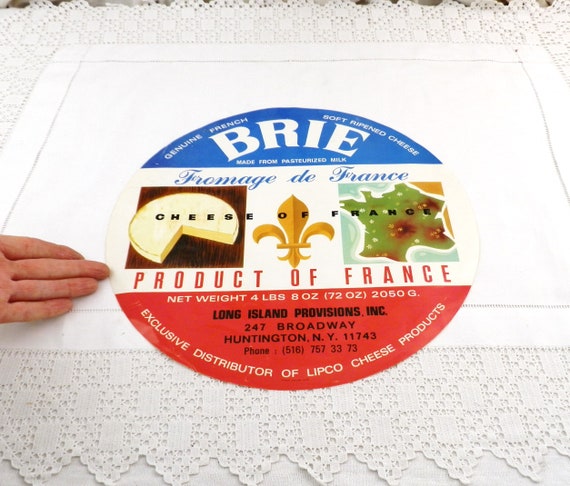 Large French Vintage 1960s Mid Century Unused Brie Cheese Label for the American Market, Retro 60s Kitchen / Restaurant Decor from France