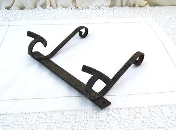 Vintage French Forged Metal Wall Mounted Coat Rack with 2 Hooks with Textured Surface, Retro Clothes Storage from France, Blacksmith Item