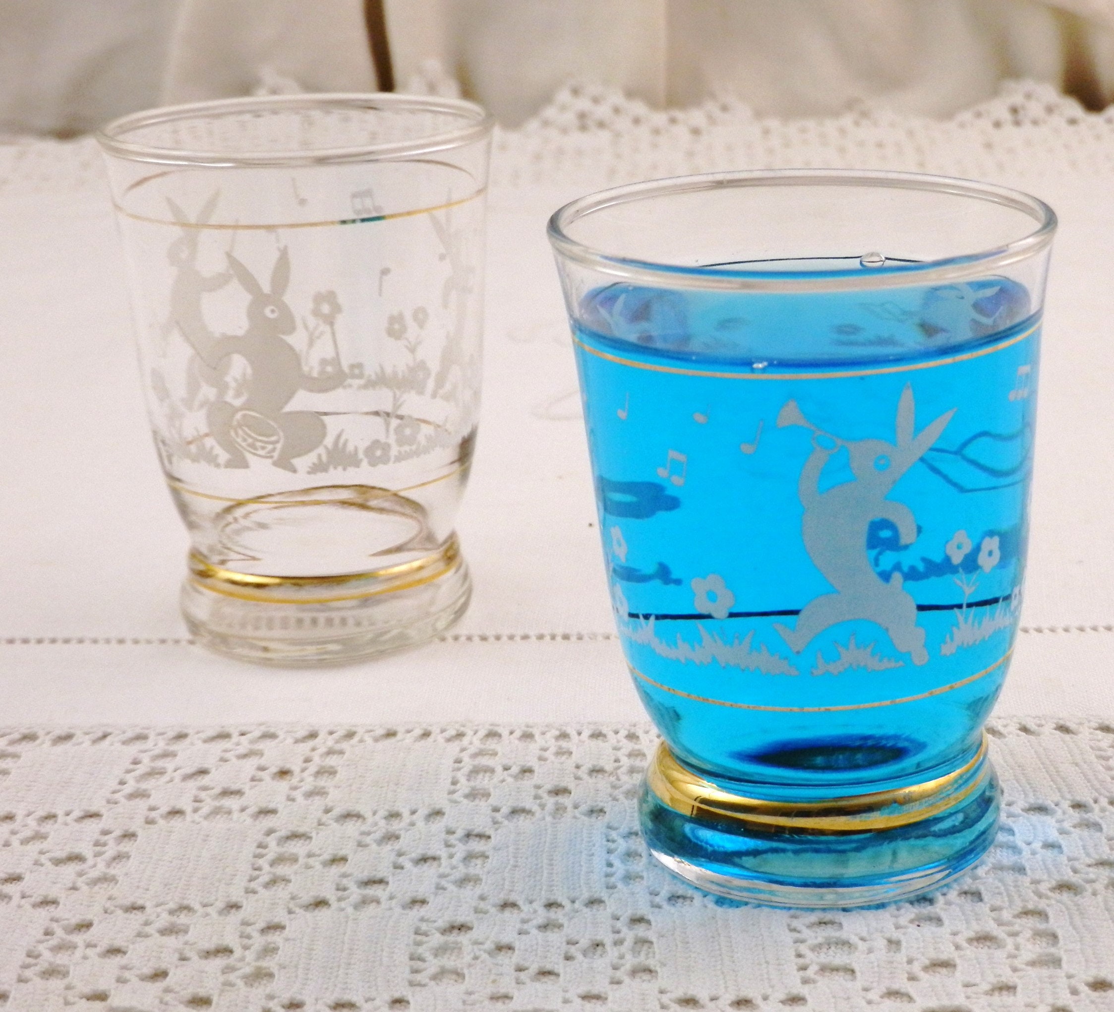 2 French Vintage Water Glasses with Printed Images of Bunny Rabbits
