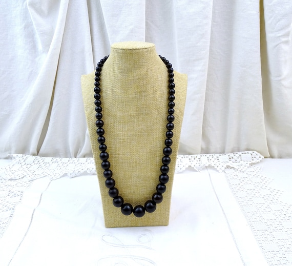 Art Deco Chuncky 1930s Vintage French Black Graduated Beaded Bakelite Necklace 90 gm / 3.17 Oz, Retro 1930s Woman's Jewerlry Paris France